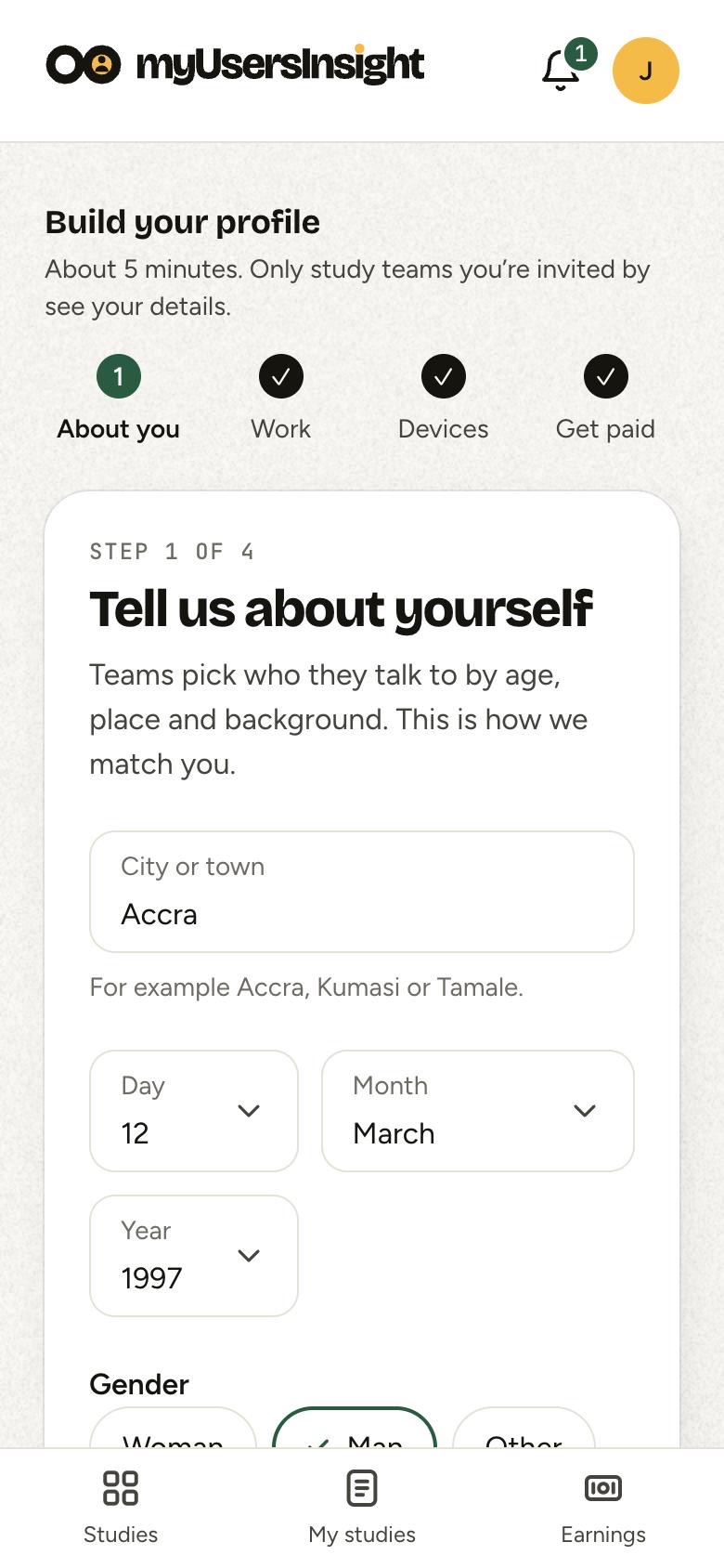 Build your profile, step 1: city, date of birth and gender