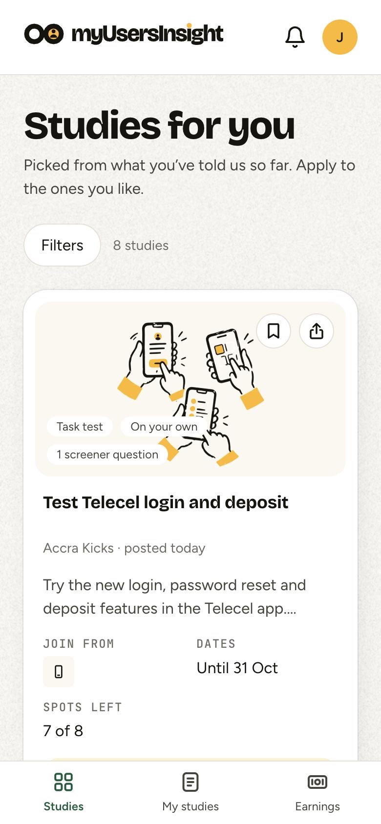 Studies for you: a paid task test with its reward and spots left
